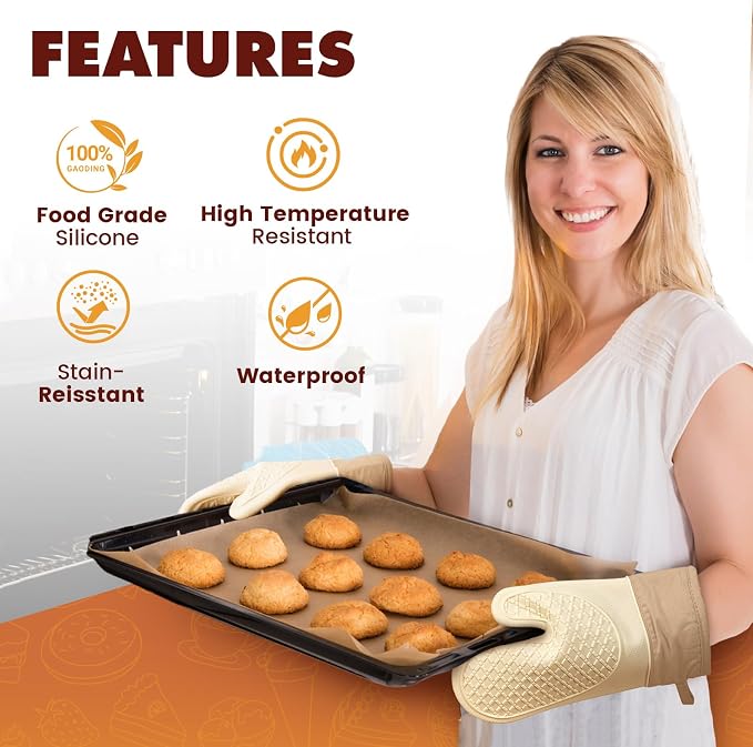 Silicone Oven Mitts (2 PCS), Waterproof Non Slip Grip Oven Gloves with Thick Soft Cotton Lining, Universal Fit Heat Resistant Kitchen Gloves for Baking, BBQ, Cooking and Grilling - White