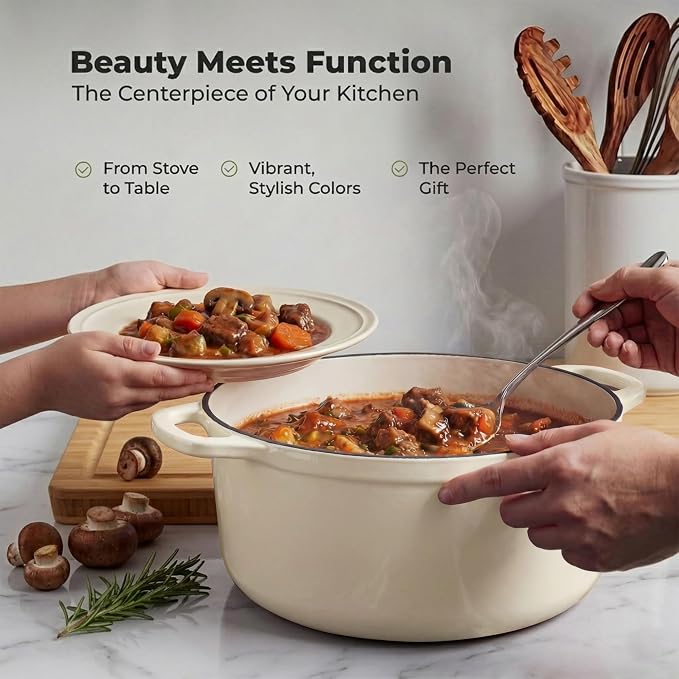 Zulay Kitchen 7.7 Quart Enameled Cast Iron Dutch Oven Pot with Lid – Premium Durability & Oven Safe up to 500°F – Heavy Duty Cookware Perfect for Bread Baking, Stews, Braising & Roasting – Ivory