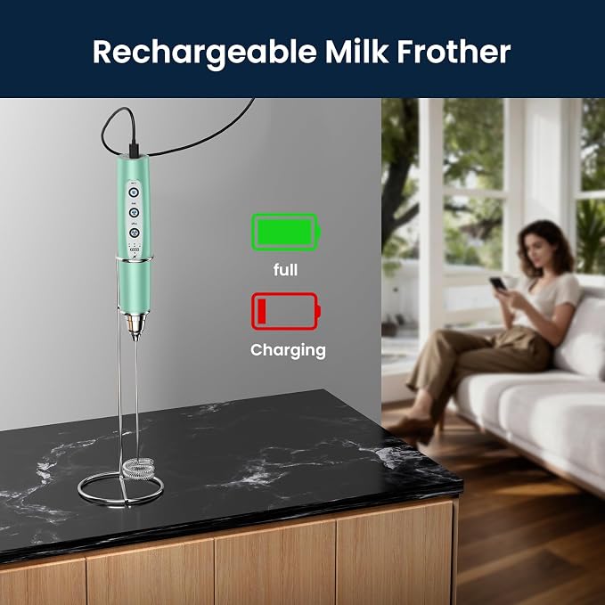 Milk Frother Wand Rechargeable Handheld Electric Whisk 3 Speed Adjustable | Coffee Frother Wand with 3 Stainless Whisks Electric Foam Maker Drink Mixer Blender for Latte Cappuccino Matcha Egg