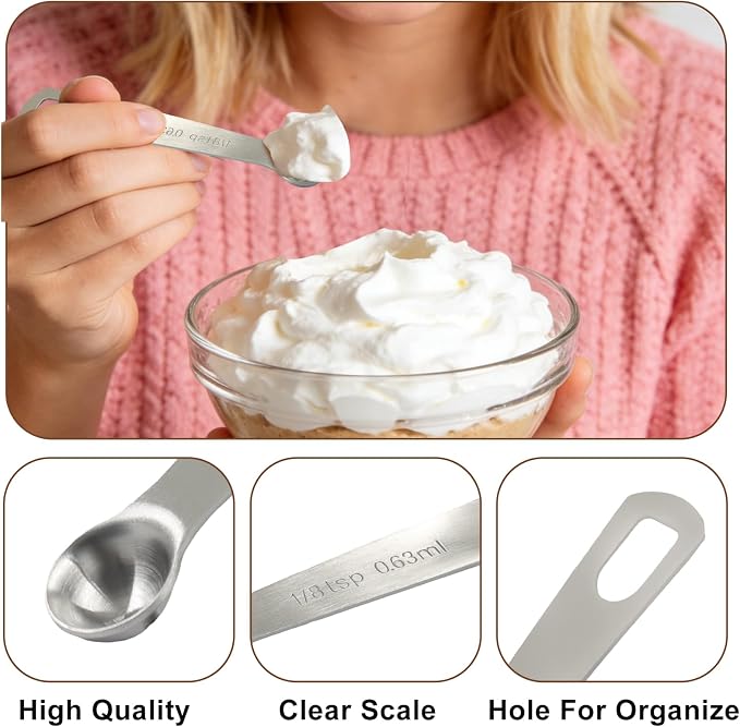 1/24 Tbsp (1/8 Tsp) Stainless Steel Measuring Spoons, 4Pcs | 0.625 mL, 0.625 cc, For Coffee Powder, Grains & Loose Tea, Metal Construction