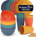 HOTEC 24-Pack Unbreakable Kitchen Plastic Wheat Straw Dinnerware Set – BPA-Free Plates, Bowls & Cups | Lightweight, Microwave & Dishwasher Safe | Multicolor Reusable Tableware for Home & Outdoor Use