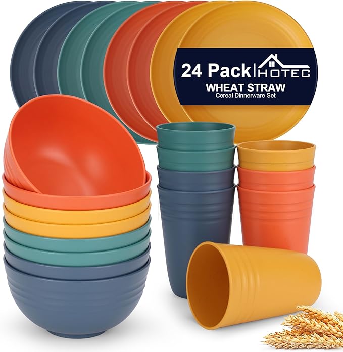 HOTEC 24-Pack Unbreakable Kitchen Plastic Wheat Straw Dinnerware Set – BPA-Free Plates, Bowls & Cups | Lightweight, Microwave & Dishwasher Safe | Multicolor Reusable Tableware for Home & Outdoor Use