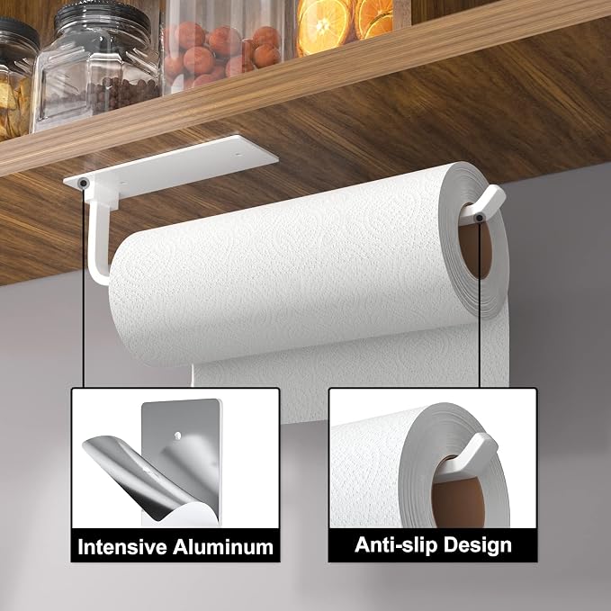 Paper Towel Holder Under Cabinet, Self-Adhesive or Drilling, White | Kitchen Roll Dispenser | Under-Cabinet or Wall-Mounted | Upgraded Aluminum | Lighter Yet Stronger Than Stainless Steel