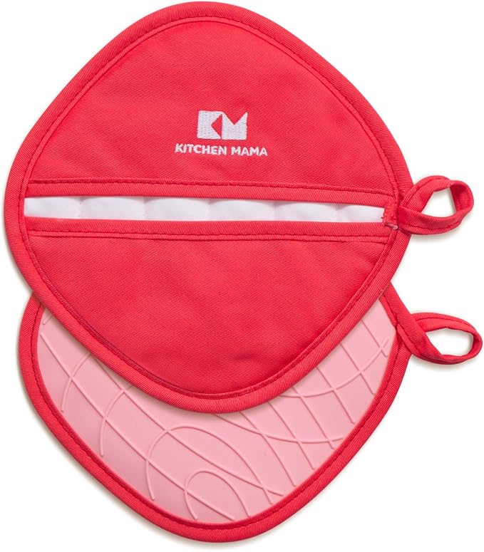 Kitchen Mama Silicone Pot Holders, Red | Heat Resistant, Non-Slip Surface, Dual Pocket Design, Soft Cotton Lining