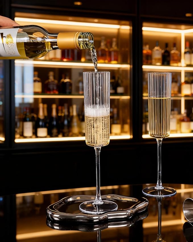 Ciaell 24 Pack Plastic Champagne Flutes for Weddings Birthdays | 6 oz Clear Long Stem Vintage Ribbed Mimosa Glasses, Heavy Duty Plastic, Champagne Mimosas Wine for Parties Bars Brunch