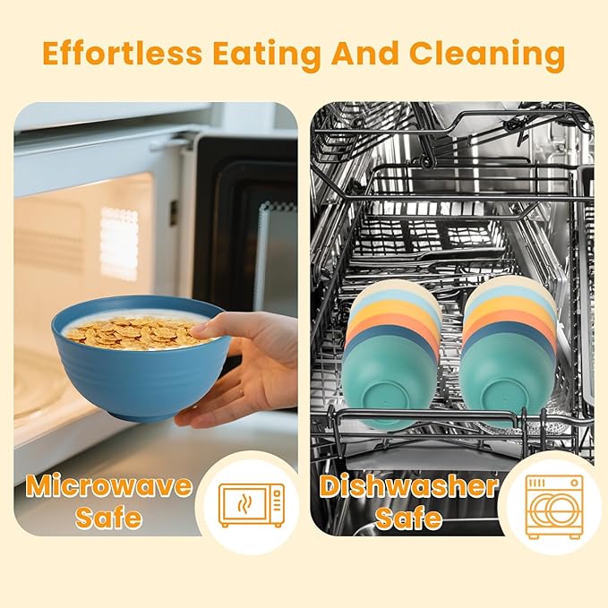 Wheat Starw Cereal Bowls, Unbreakable Bowl Set 6 PCS, Microwave and Dishwasher Safe Bowls, Alternative to Plastic Bowl Reusable, Bowl Set for Kitchen, Picnic, Camping, Party (26 OZ, Colorful)