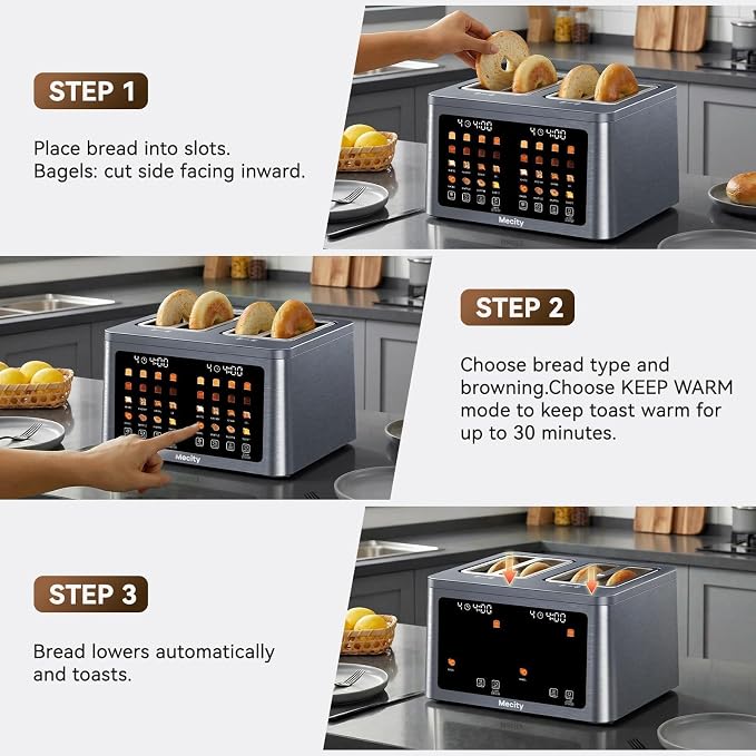 Mecity 4 Slice Toaster Wide Slot, Auto Lift Keep Warm Smart Toaster with Touch Screen, Dual Control Panel, Defrost, Auto Shut Off Digital Toasters for Bagel Muffin Waffle Gluten Free Breads1700W 120V