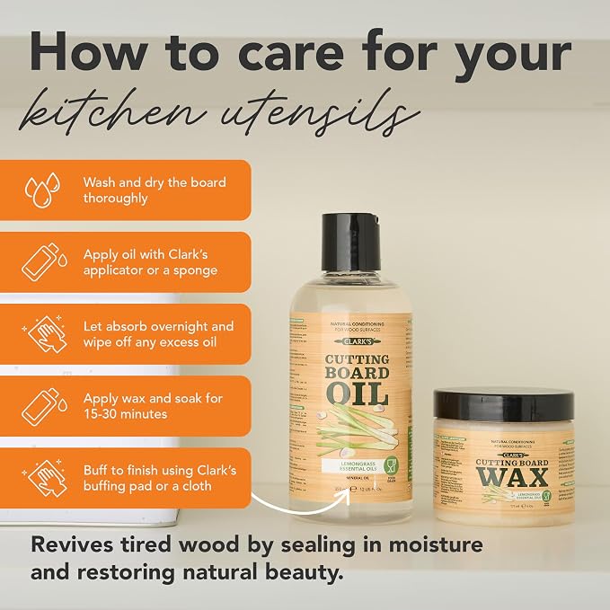 CLARK'S Cutting Board Oil & Wax Kit, Lemongrass Scent - Set of 2 | Includes Food Grade Mineral Oil (12oz), Cutting Board Wax (6oz) for Cutting Boards, Butcher Blocks & Kitchen Wooden Utensils