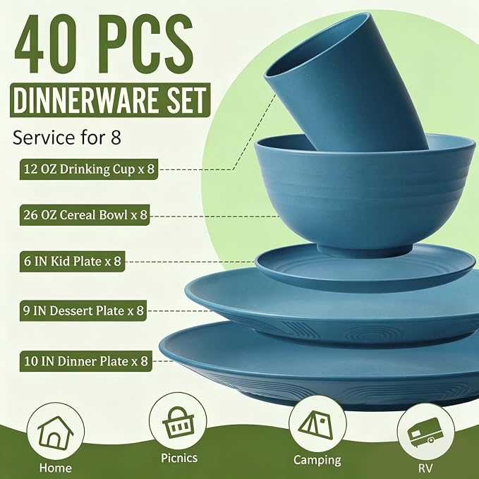 40-Piece Wheat Straw Dinnerware Sets,Unbreakable Dishes Set for 8 - Drinking Cups, Plates and Bowls Sets, Reusable Microwave Safe Dinnerware Set for Home, Outdooor, RVs - Blue