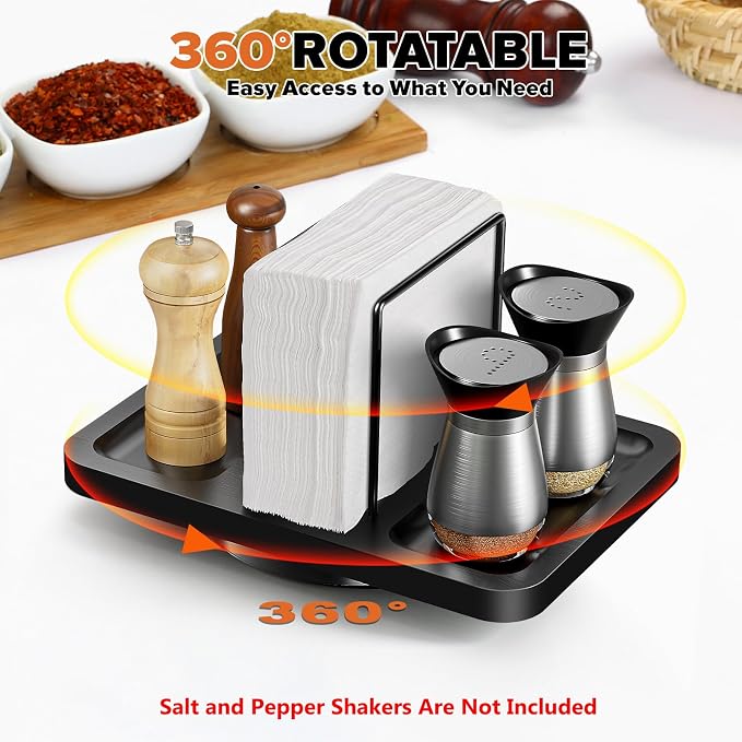 Rotating Napkin Holder for Table with Salt Pepper Shakers Caddy, Black | Bamboo Standing Napkin Dispenser, Metal Paper Napkin Storage for Bathroom Home Kitchen Farmhouse Decor Not Including Shakers