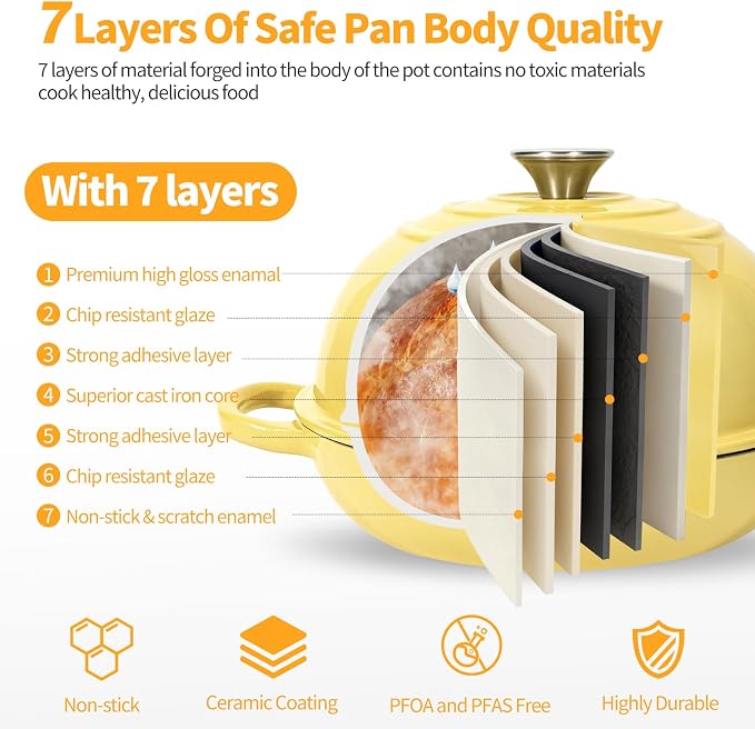 6QT Enameled Cast Iron Yellow Dutch Oven For Sourdough Bread Baking | Dutch Oven Pot With Lid,Non-stick Sourdough Baking Pan with Bread Dome,Round Ceramic Dutch Oven Pot for Homemade