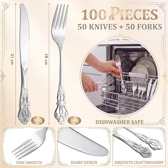 Nuenen 100 Pieces Retro Royal Stainless Steel Dinner Flatware Cutlery Set, Vintage Carved Tableware Set for Butter Kitchen Restaurant, Dishwasher Safe(silver, 8.98 Inches, 8.07 Inches, Classic) | Classic Dinner Flatware, Dishwasher Safe for Kitchen Res...