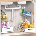 2-Pack L-Shaped Under Sink Organizer, 2-Tier Pull-out Cabinet Rack | White Height-Adjustable Steel Rack, Sliding Grid Drawers with PP Liners, Holds 100 Lbs, Suction Base, Ideal Kitchen Storage