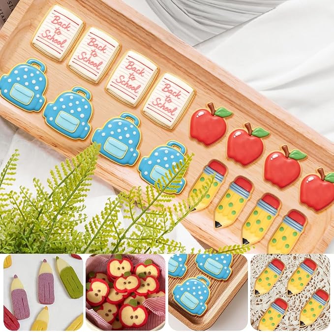 Back to School Cookie Cutters, 4 Pcs Stainless Steel Themed Shapes with School Bag Book Apple Pencil Cookie Cutter Sets Biscuit Molds Cake Cheese Fruit Cutter for DIY Home Classroom Baking Kit