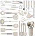 Kitchen Utensils Set-Silicone Cooking Utensils-33pcs Non-Stick Silicone Cooking Kitchen Utensils Spatula Set with Holder-Best Kitchen Cookware with Stainless Steel Handle (Khaki)