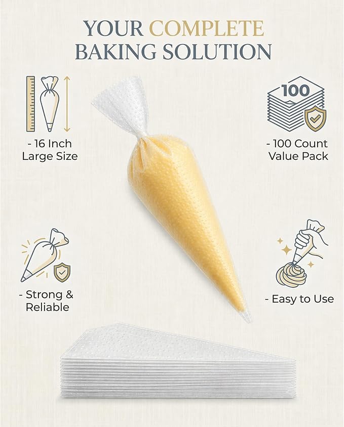 100 Pcs 16 Inch Piping Bags Disposable, Extra Large Thickened Anti-Burst Pastry Bags for Thick Icing & Macarons, Non-Slip Cake Decorating Bags for Baking - Food Grade & BPA Free
