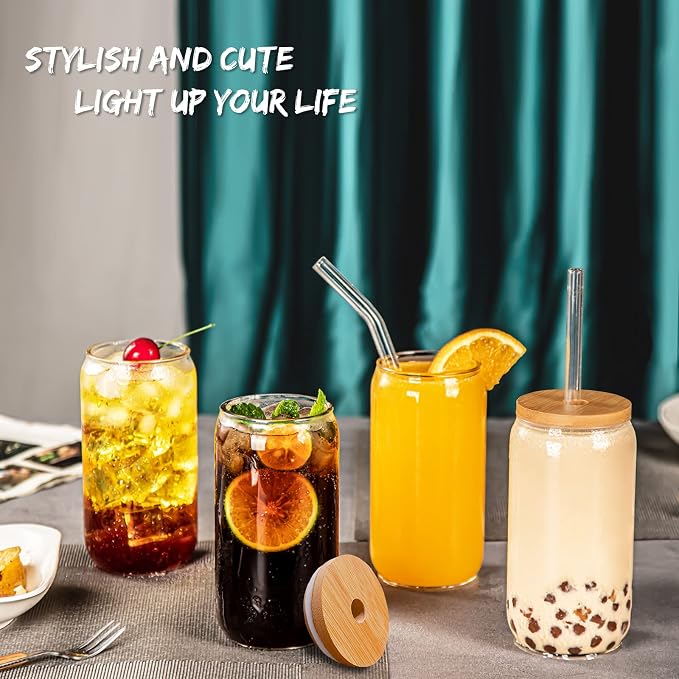 16 Oz Drinking Glasses - 8 Pcs Glass Cups with Bamboo Lids and Straws | Food-grade durable clear tumbler, Coffee bar accessories, Aesthetic gift, For beer, Iced tea, Include 2 cleaning brushes