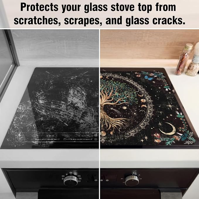 Boho Glass Stove Top Cover for Electric Stoves,Moon Phase Tree of Life Botanical Floral Stove Top Cover for Kitchen Decor,Heat Resistant Cooktop Protector Mat,Non-Slip Washable Dish Drying Mat 28"x20"