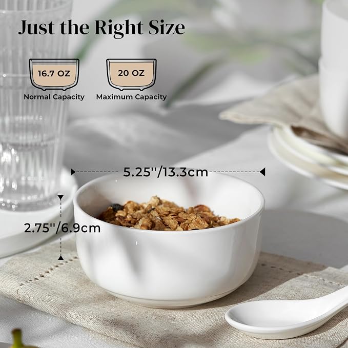 DOWAN White Ceramic Bowls Set of 6, 20 oz Ceramic Cereal Bowls, Everyday Cereal, Soup & Rice Bowls, Stackable Stoneware for Modern Kitchens, Dishwasher & Microwave Safe Bowl