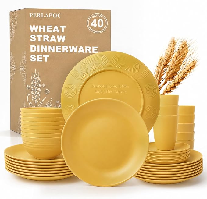 40 Piece Wheat Straw Dinnerware Sets for 8, Unbreakable Dish Set, Plates and Bowls Sets for 8, Lightweight Kitchen Dishware Set for Camping, Picnic, and Famliy Everyday Use - Yellow