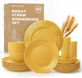 40 Piece Wheat Straw Dinnerware Sets for 8, Unbreakable Dish Set, Plates and Bowls Sets for 8, Lightweight Kitchen Dishware Set for Camping, Picnic, and Famliy Everyday Use - Yellow