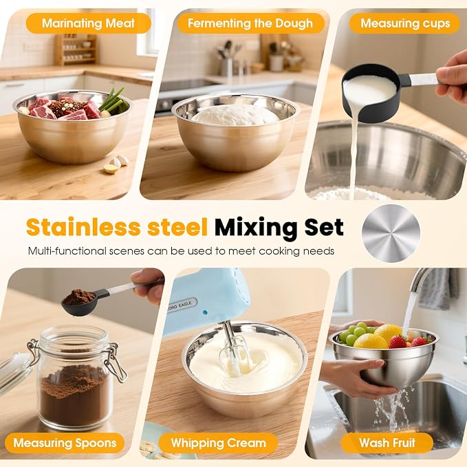 Lord Eagle 5-Speed Hand Mixer Electric With 4 Mixing Bowls Set | 300W Lightweight Kitchen Handheld Mixer with Measuring Cups & Spoons, Stainless Steel Bowls, Baking Supplies for Cake, Blue