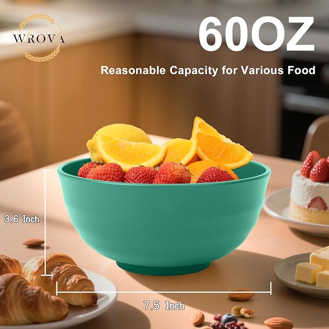 Wheat Straw Bowls 60oz, Unbreakable Large Cereal Bowls Set of 6, Plastic Bowls Reusable Salad Soup Bowls Microwave Safe, Big Bowl for Kitchen and Apartment, Large Bowls for Eating- Green