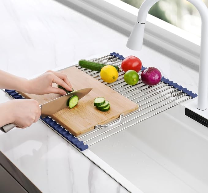 Tomorotec Roll Up Dish Drying Rack Over Sink, 304 Steel, 17.7x15.5, Indigo | Anti-Slip Silicone Rims For Grip, Heat-Resistant Trivet Mat Holding Heavy Cookware, Rustproof Kitchen Counter Space Saver