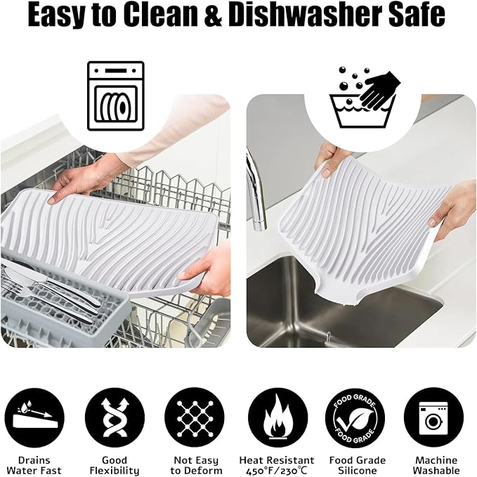 TIKNIK Silicone Dish Drying Mat for Kitchen Counter, White-1pcs, 20" x 15" | Heat Resistant & Non-Slip Dish Drain Pad with Built-In Drain, Dishwasher Safe, Quick-Dry, Hangable & Roll-Up for Storage