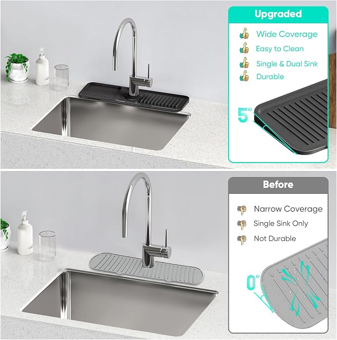 17.7inch Faucet Mat for Kitchen Sink [5°Slope Fast Self-draining] Kitchen Sink Splash Guard Silicone Kitchen Sink Faucet Mat Splash Guard for Kitchen Sink Area Tidy Splash Faucet Guard Draining Mat