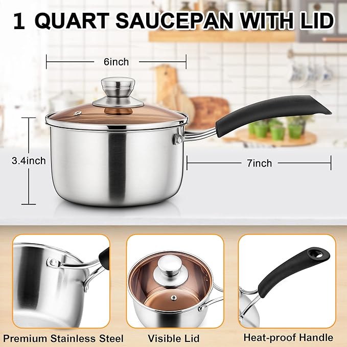 LIANYU 1QT Saucepan with Lid, Stainless Steel Sauce Pan, Induction Ready | Small Sauce Pot, Multipurpose Cooking Pot for Milk, Soup & Butter, Stay-cool Handle, Heavy Duty & Non Toxic, Dishwasher Safe