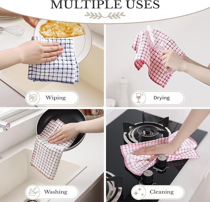 Homaxy 12 Pack Terry Kitchen Dish Cloths, 12"x12", Blue/Pink/Red/Brown | Super Soft and Absorbent Dish Rags, Quick Drying Reusable Dish Towels for Washing Dishes