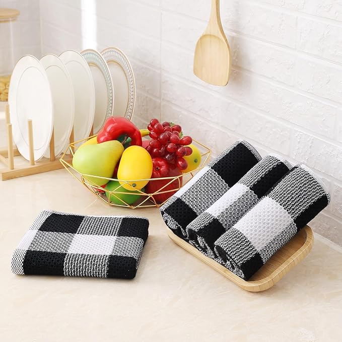 Homaxy Kitchen Towels and Dishcloths Set, Set of 16, White & Black | Bulk Cotton Waffle Weave Check Plaid Kitchen Towels, Super Soft and Absorbent Dish Cloths, 12 x 12 and 13 x 28 Inches
