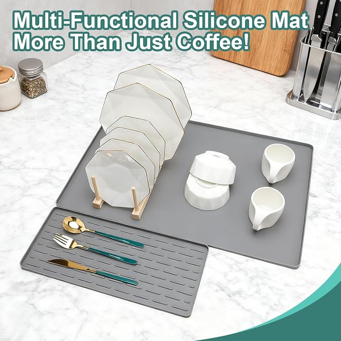 Silicone Coffee Mat 24 x 16 in Combination, Classic Gray | Coffee bar mat for countertop use, coffee station mat or coffee machine mat with removable tray