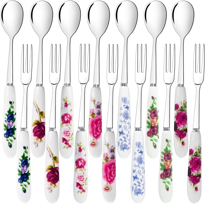 14 Pcs Dessert Forks and Spoons Silverware Set,Stainless Steel | Cutlery Forks,Mini Coffee Spoons Pastry Forks with Porcelain Handles,Cake Fork Tea Spoons for Dessert Appetizers,Salad,Fruit
