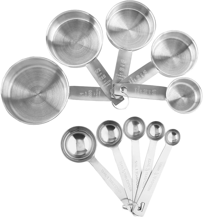 Laxinis World Stainless Steel Measuring Cups and Spoons Set, 10-Piece | Satin-brushed Steel, Engraved Metric and US Standard Markings, Elongated Handles, Nesting Ring Storage, and Dishwasher Safe