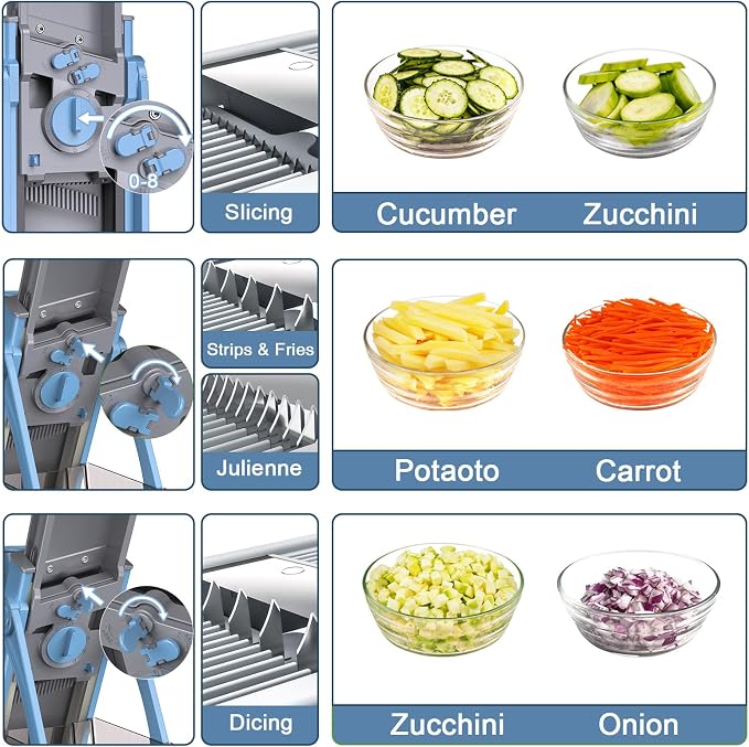 All-in-1 Safe Mandoline Slicer for Kitchen, Food Chopper with Container | 0.1-8mm Thickness Vegetable Chopper, Safe Mandoline Slicer, Potato French Fry Cutter Tomato Apple Slicer Onion (Blue)