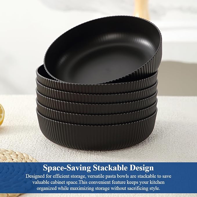 HOMQUEN Pasta Bowls Set of 6, 37oz Salad Bowls Black Soup Bowls, Large Pasta Serving Bowls, Unbreakable Plastic Dinner Bowls, Dinnerware Sets,Valentines Day Gift, Dishwasher Safe (Black)