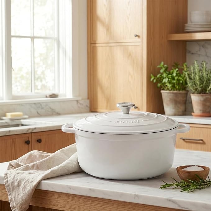 Zulay Kitchen 7.7 Quart Enameled Cast Iron Dutch Oven Pot with Lid – Premium Durability & Oven Safe up to 500°F – Heavy Duty Cookware Perfect for Bread Baking, Stews, Braising & Roasting – White