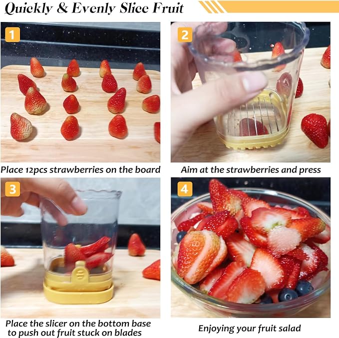 Creative Strawberry Slicer, Detachable Cutter with Push Plate (Yellow)