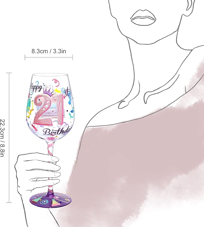 NymphFable 21st Birthday Hand-Painted Wine Glass Gift for Her, 15 oz | Gift-Boxed for Her 21st Birthday, Hand-Blown Goblet, Artisan-Painted Milestone Number Art, Everyday Use, Hand Wash Only