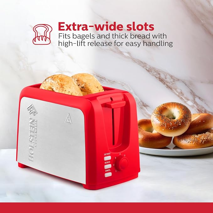 Holstein Housewares 2-Slice Toaster with 7 Browning Settings, Extra-Wide Slots, Reheat, Defrost, Cancel, High-Lift Release, Removable Crumb Tray – Compact Stainless Steel, Red
