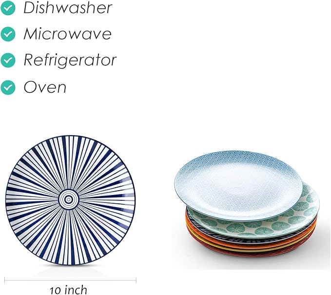 Selamica 10 inch Porcelain Dinner Plates, Large Size Serving Plate for Salad, Pancakes, Steak, Set of 6, Assorted Colors
