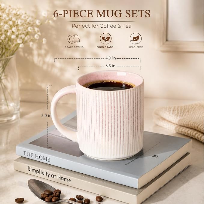 theterra Ceramic Coffee Mugs Set of 6, 14.2 oz Coffee Cups with Handle | Handmade, Suitable for Latte, Tea, Milk, Beer & Hot Cocoa, Primrose Pink