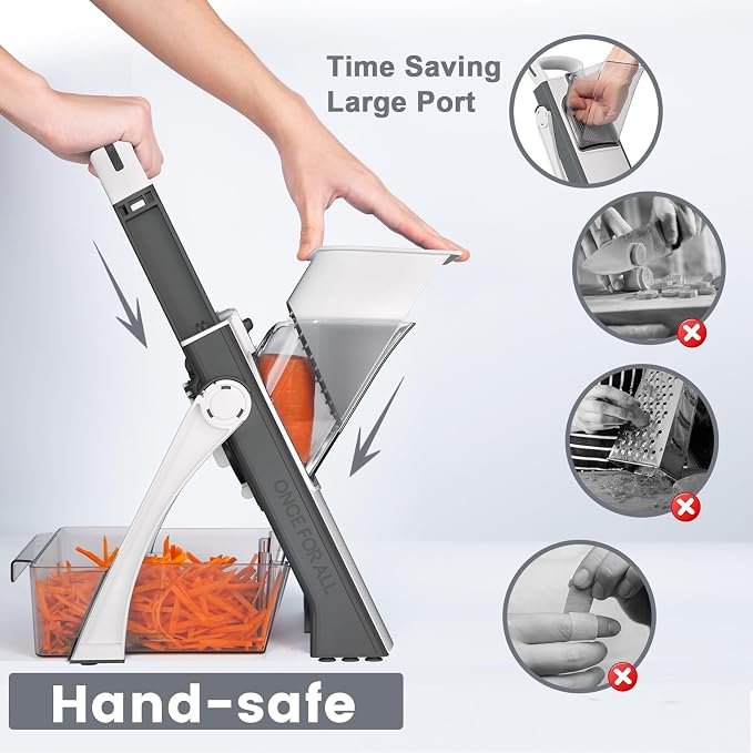 SupMaKin Safe Mandoline Slicer Plus for Kitchen Adjustable Vegetable Slicer | 0.1-8mm, Cut Resistant Stainless Steel Blades,Potato Fry Cutter, Onion Chopper, Detachable,Foldable Dishwasher Safe, Gifts