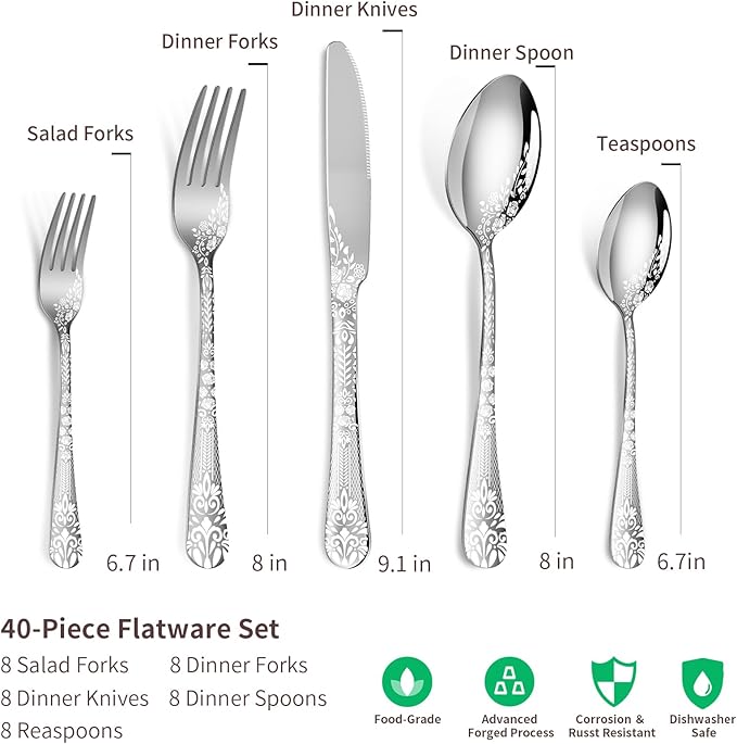 40 Piece Silverware Set, Stainless Steel Flatware Cutlery Set Service for 8, Mirror Polished Tableware Eating Utensils Set for Home Kitchen, Include Knife Fork Spoon Set, Dishwasher Safe