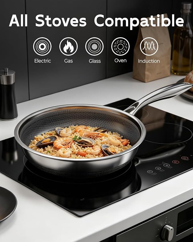 FogDream 8 Inch Nonstick Frying Pan with Lid, Honeycomb Hybrid Stainless Steel Skillet, Tri-Ply Induction Compatible, Non Toxic Frying Pan, Oven Safe, Dishwasher Safe, Silver