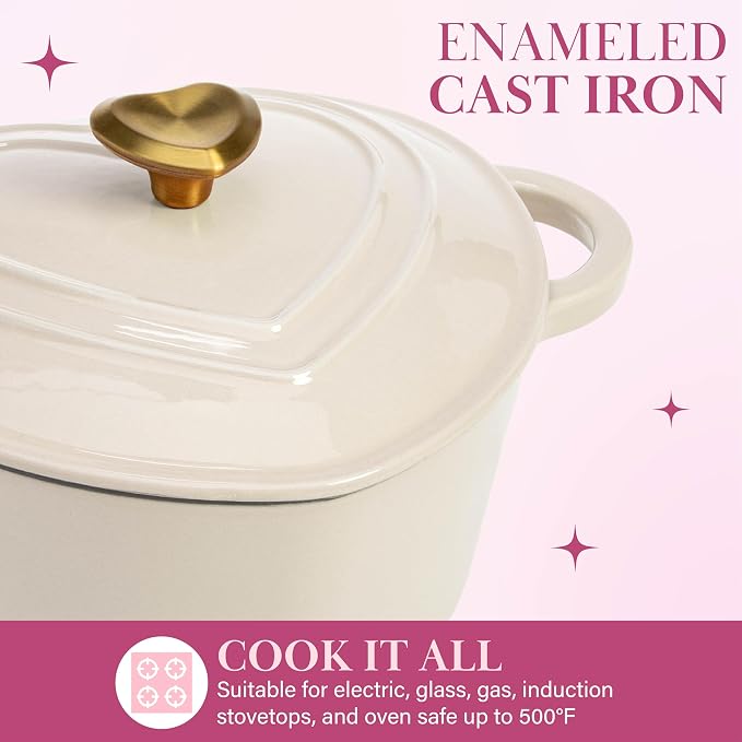 Paris Hilton Enameled Cast Iron Dutch Oven Pot with Lid, Heart-Shaped Dutch Oven, Durable Cast Iron Pot with Dual Handles, Oven Safe to 500°F, Works on All Stovetops, 4-Quart, Cream