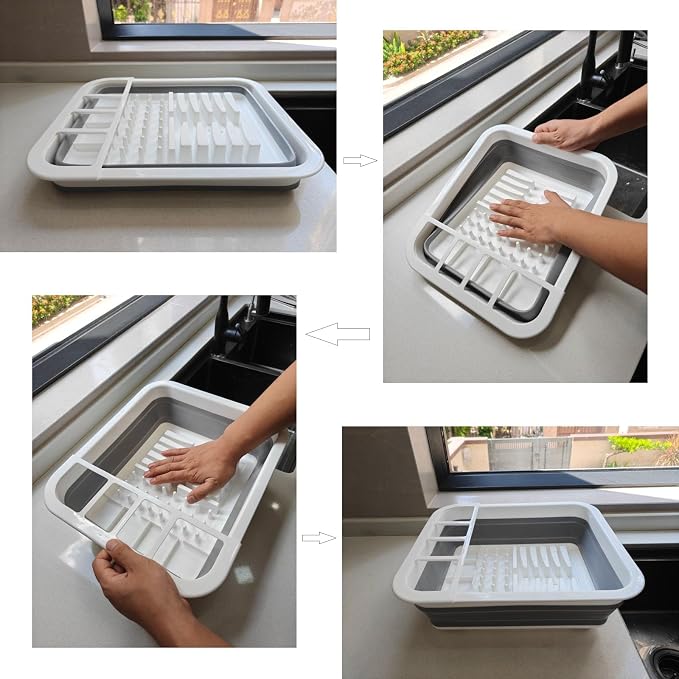 Collapsible Dish Drying Rack, Foldable Dinnerware Drainer Organizer for Storage Kitchen Counter RV Accessories Portable Rack Holders for Dishes Plates and Cups Camping Travelling Space Saver Essential