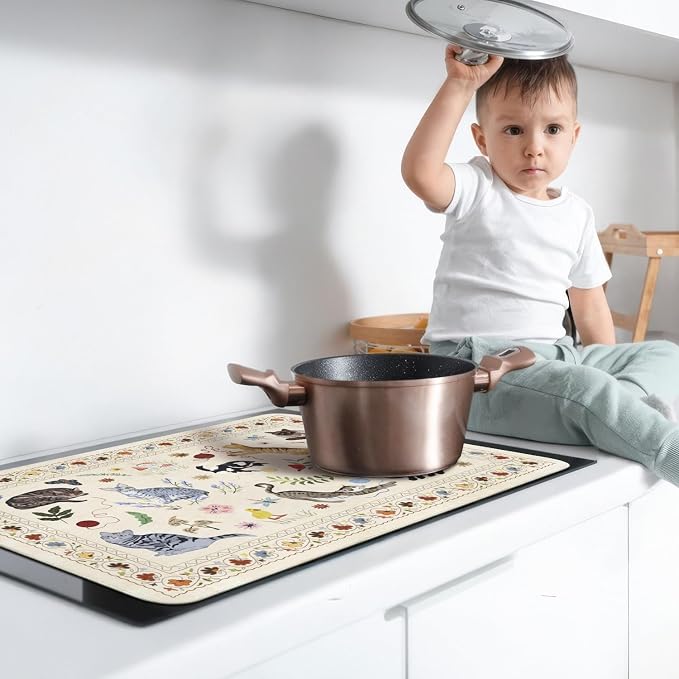 Boho Glass Stove Top Cover for Electric Stoves,Flower Floral Animal Cat Farmhouse Stove Top Cover for Kitchen Decor,Heat Resistant Cooktop Protector Mat,Non-Slip Washable Dish Drying Mat 28"x20"